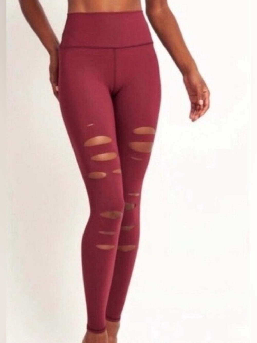 Alo Yoga High Waist Ripped Warrior Leggings Sz S Burgundy EUC